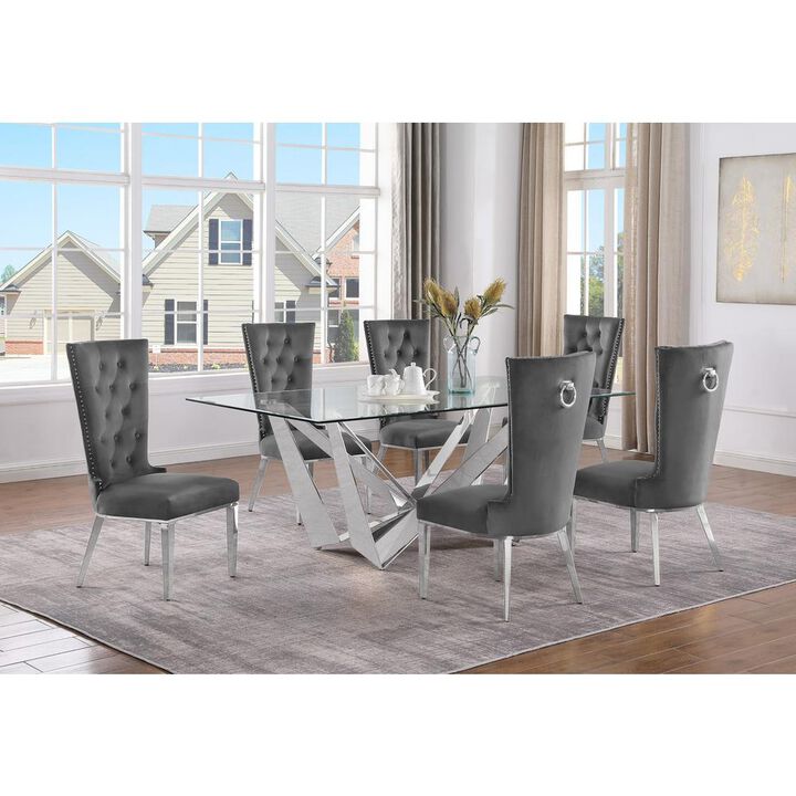 7pc Small(78") glass dining set with silver base and 6 Dark grey side chairs