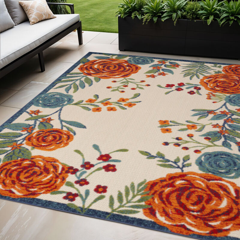 HomeRoots 5' X 8' Ivory Blue Orange And Green Floral Indoor Outdoor Area Rug image number 1
