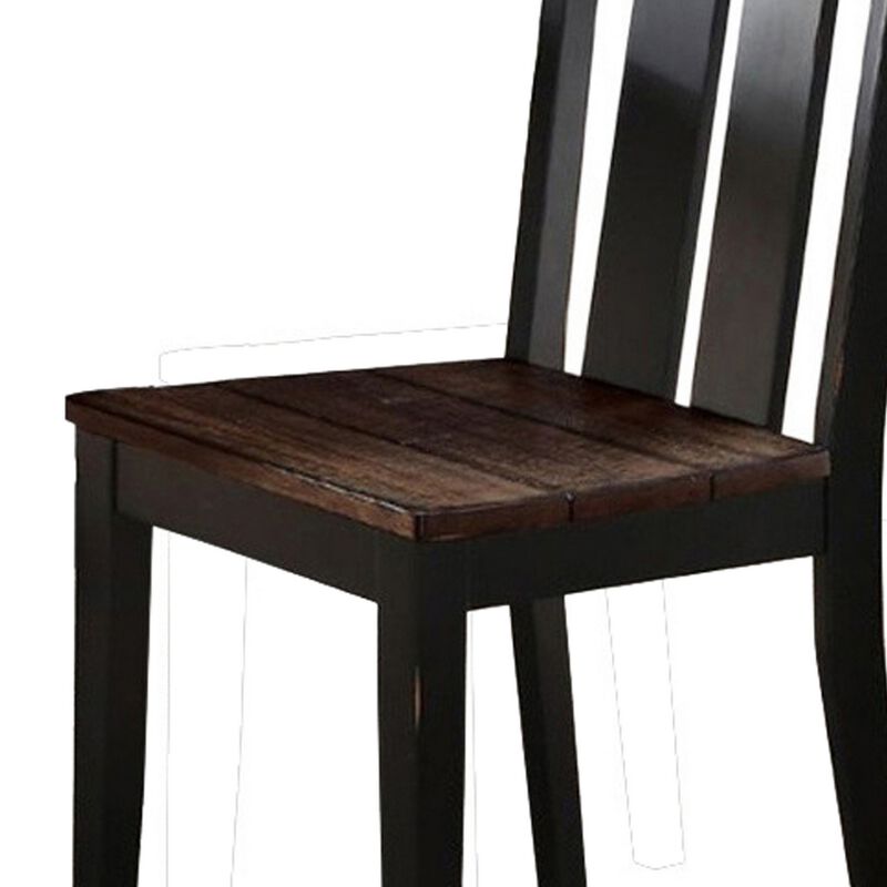 Rubber Wood Dining Chair With Slatted Back, Set Of 2, Brown And Black-Benzara