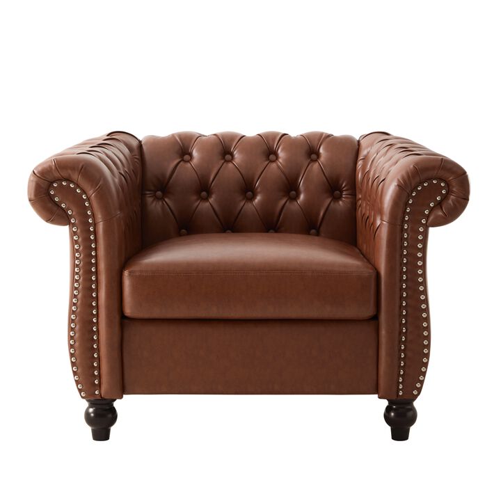 Whisen Classic Club Chair with Diamond Tufting, Scrolled Arms, and Wooden Legs