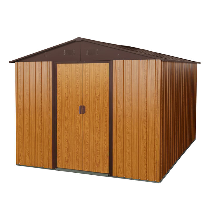10ft x 8ft Outdoor Metal Storage Shed with Metal Floor Base, Coffee