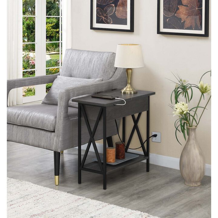 Convenience Concepts Tucson Flip Top End Table with Charging Station and Shelf, 23.75"L x 11.25"W x 24"H, Charcoal Gray/Black