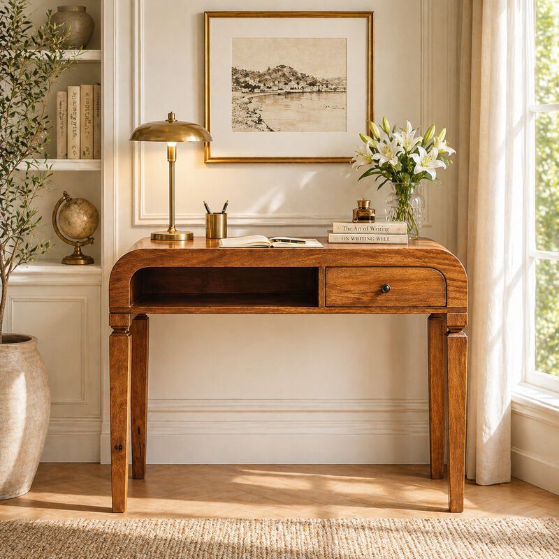 Artisan Furniture Solid Wood Curved Open Shelf Writing Desk , Brown image number 1