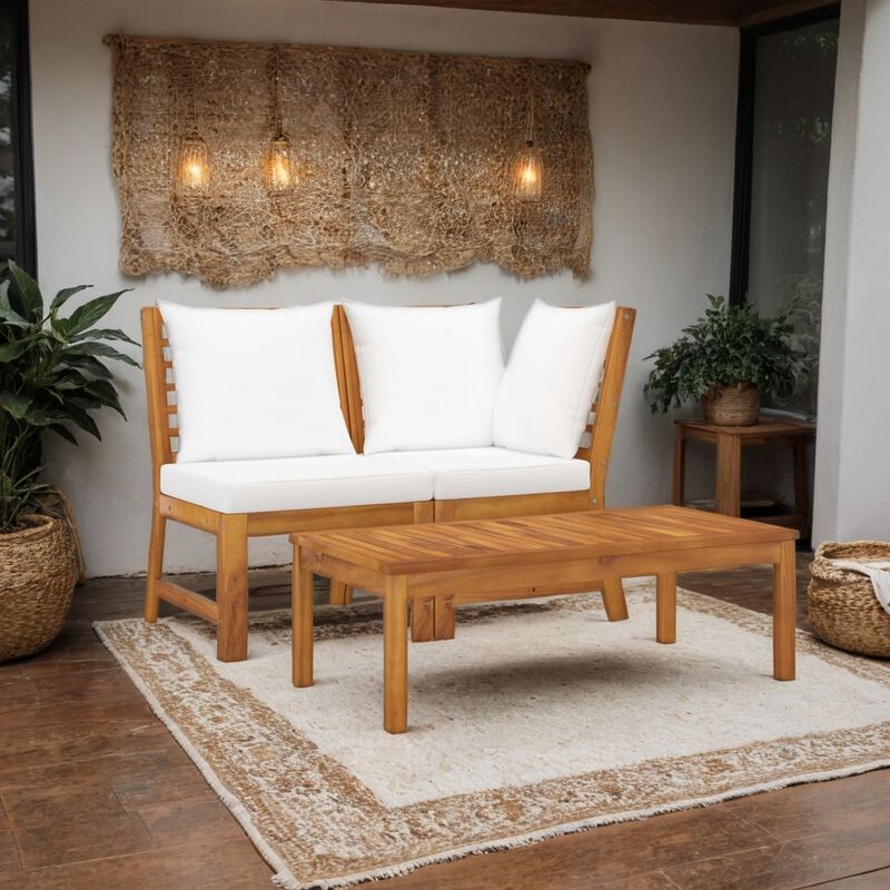 Roma 3pc Modular Outdoor Sofa and Table Set, Solid Acacia Wood, White - Benzara