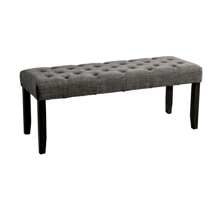 48 Inches Bench with Button Tufted Seat and Chamfered Legs, Gray - Benzara