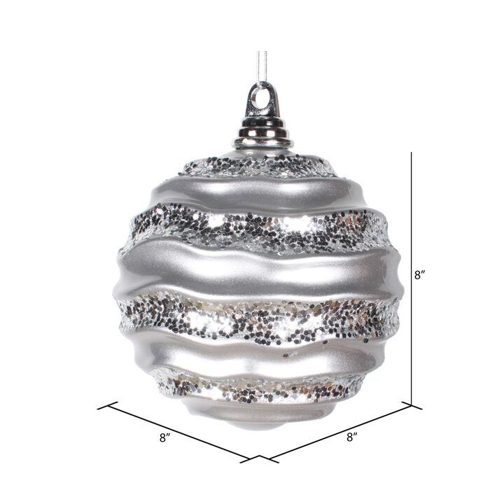 Vickerman 8" Christmas Ornament Wave Ball, Silver Stripe Candy Finish with Glitter Accents, Shatterproof Plastic, Holiday Christmas Tree Decoration