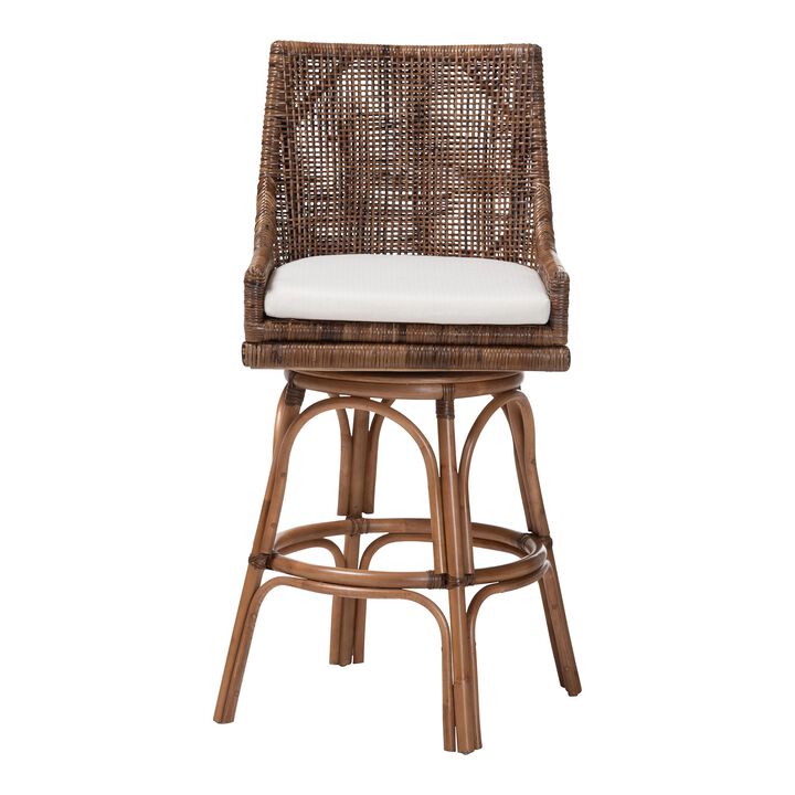 bali & pari Bella Swivel Rattan Bar Stool with Cushion - Handwoven Wicker Bar Chair with Backrest and Footrest, Coffee Bean