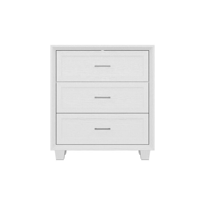 FUFU&GAGA Classic White Wood Grain Dresser Nightstand with 3-Tier Drawers, Black Pulls & Beveled Edge Design (34.4" Hx 31.4" W x 15.7" D)