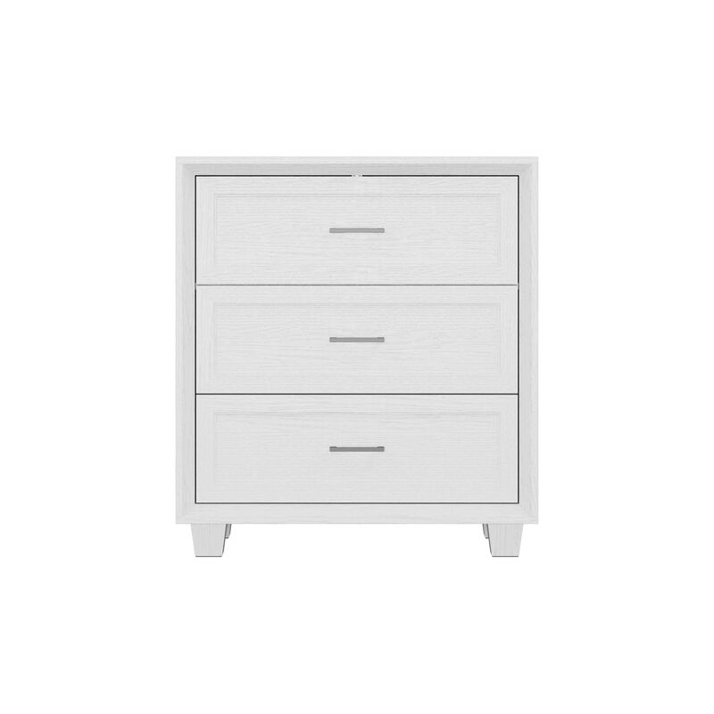 FUFU&GAGA Classic White Wood Grain Dresser Nightstand with 3-Tier Drawers, Black Pulls & Beveled Edge Design (34.4" Hx 31.4" W x 15.7" D)