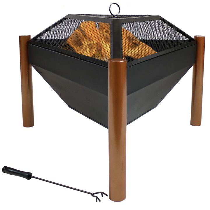 Sunnydaze 31 in Triangle Steel Fire Pit Table with Grate, Poker, and Screen