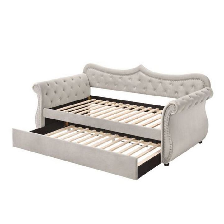 Classic Wood Daybed with Trundle, Button Tufted with Nailhead Trim, Beige - Benzara