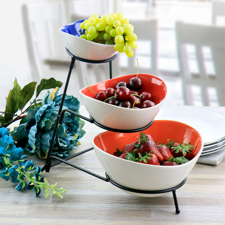 Gibson Home Crenshaw 4 Piece Hand Painted Stoneware 3-Tier Serving Bowl Set with Metal Rack