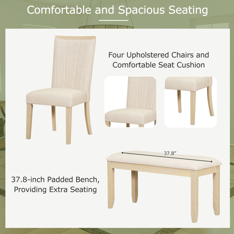 Whisen Contemporary 6-Piece Extendable Dining Table Set with Bench and 4 Upholstered Dining Chair - Natural