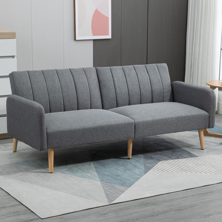 Light Grey Two Seater Sofa Bed, Convertible Futon Couch Bed, Linen Upholstered Loveseat with Adjustable Backrest