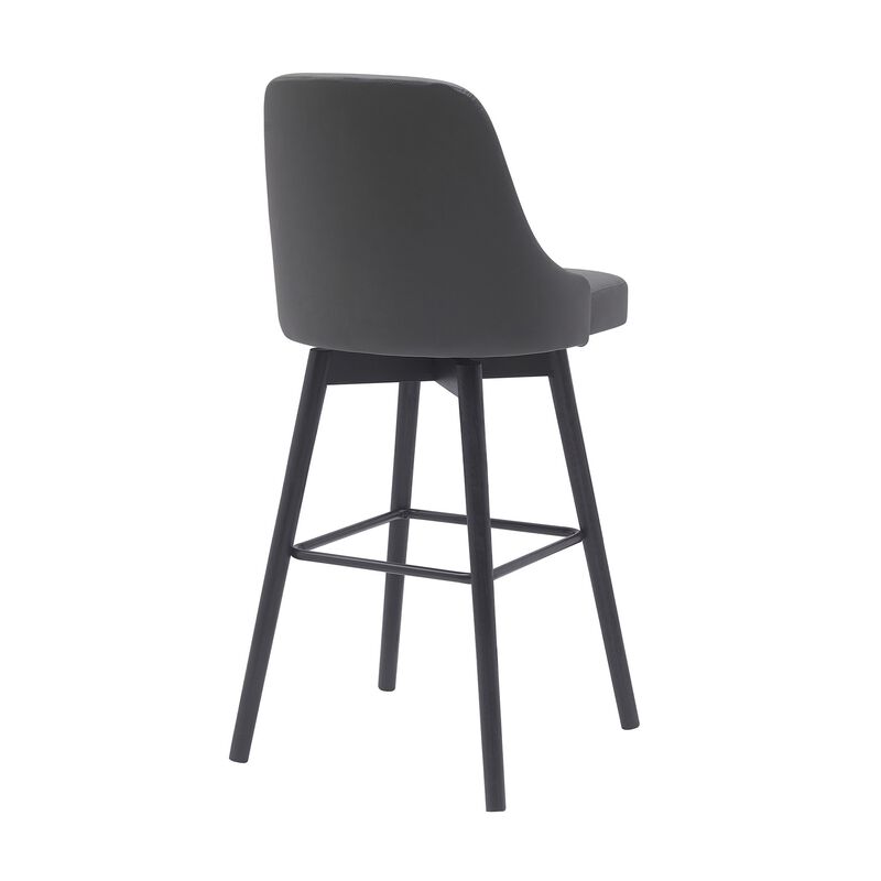 Sean 30 Inch Barstool Chair, Parson Style, Swivel, Gray Faux Leather, Black - Benzara