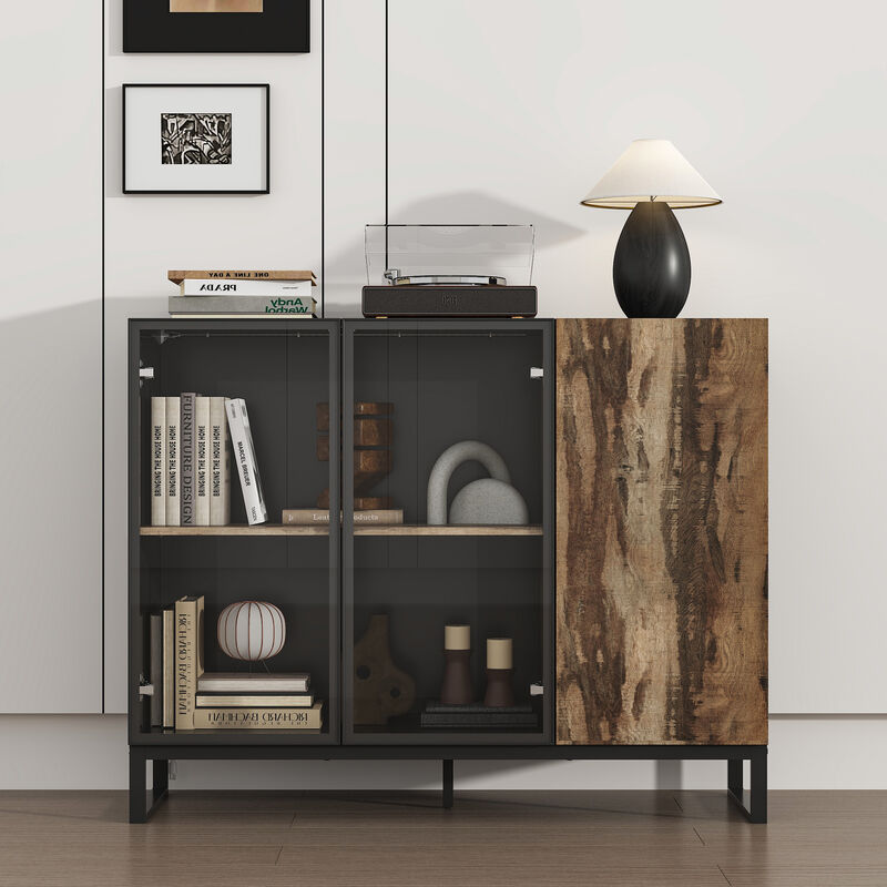 FUFU&GAGA Modern 3-Door Display Cabinet with Glass Fronts Wood Accent and Multi-Color LED Lighting 47.2 in. L x 16.1 in. W x 37.4 in. H Black