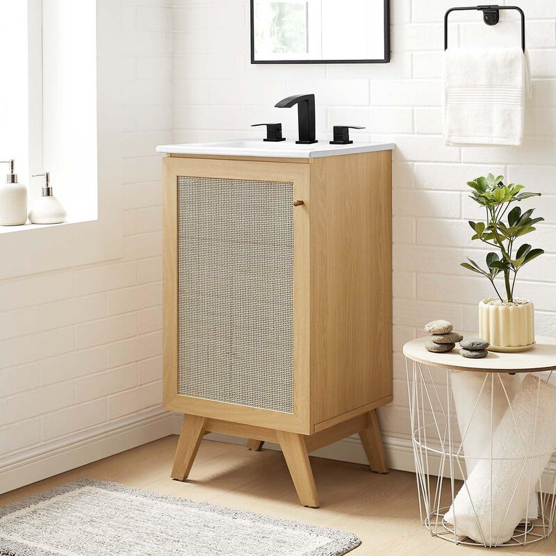 Modway Soma Rattan Weave Bathroom Vanity Cabinet (Sink Basin Not Included), 18 Inch, Oak image number 1