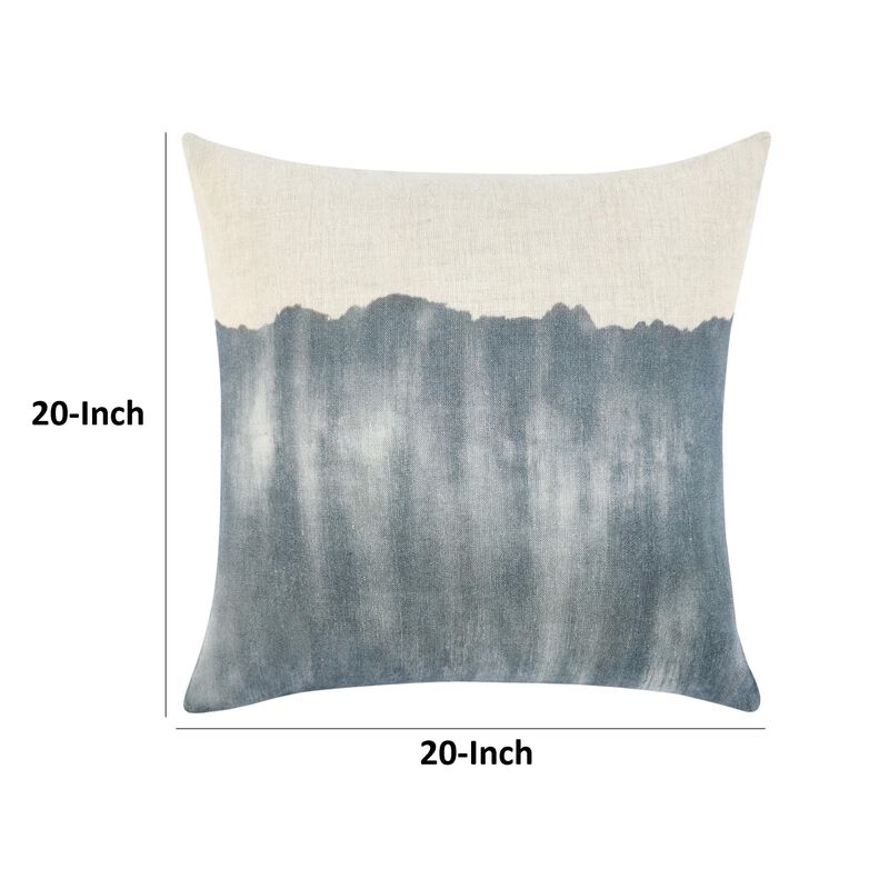 Throw Pillow, Watercolor Design, 20 Inch Blue and White Flax Linen - Benzara
