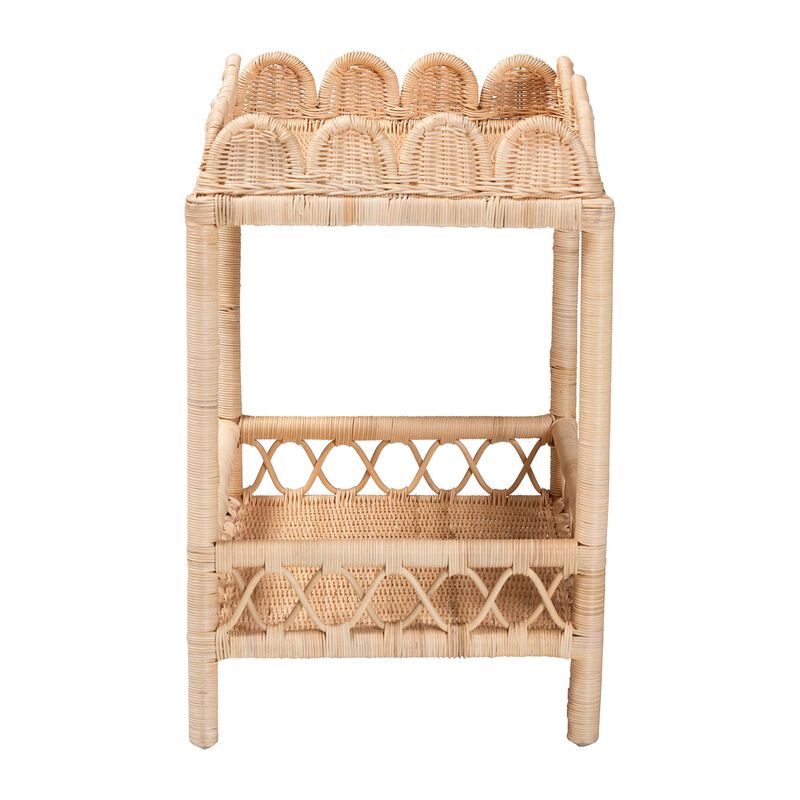 bali & pari Eloisa Natural Rattan End Table - Handwoven Wicker 2-Tier Side Table with Scalloped Border for Living Room or Bedroom