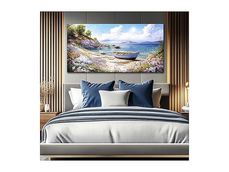 Canvas Wall Art Living Room Decor Bedroom Office Seaside Landscape Boat 20 X 40 image number 1