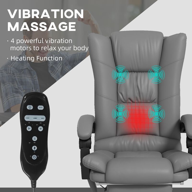 PU Leather Heated Massage Office Chair with 4 Vibration Points, Heated Reclining Computer Chair with Adjustable Height, Footrest, Gray
