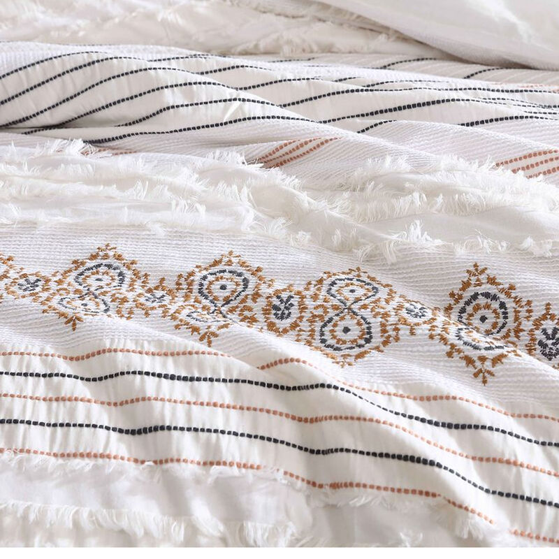 Jela 5pc King Size Comforter Set, Shams, White Clipped Jacquard Stripe