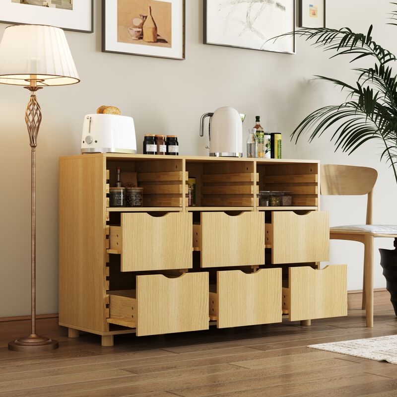 FUFU&GAGA Adjustable 3-Tier Storage Cabinet with 6 Drawers, Open Shelf, Reconfigurable Shelves, Solid Wood Feet, 47.2 in. W x 15.7 in. D x 31.5 in. H, Log color