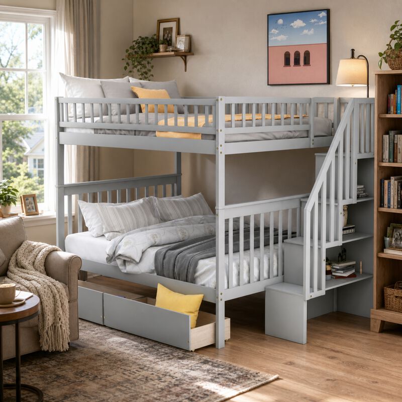 Whisen Full Over Full Bunk Bed with 2 Drawers & Guardrail, Solid Pine for Kids Bedroom image number 8