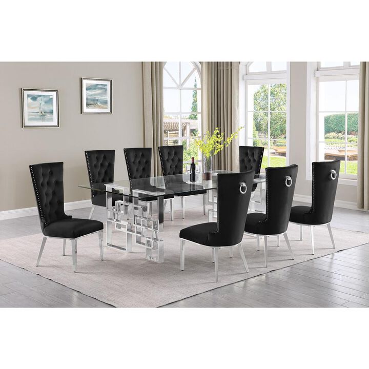 9-piece glam dining set with 8 black chairs and a 95" long glass  table