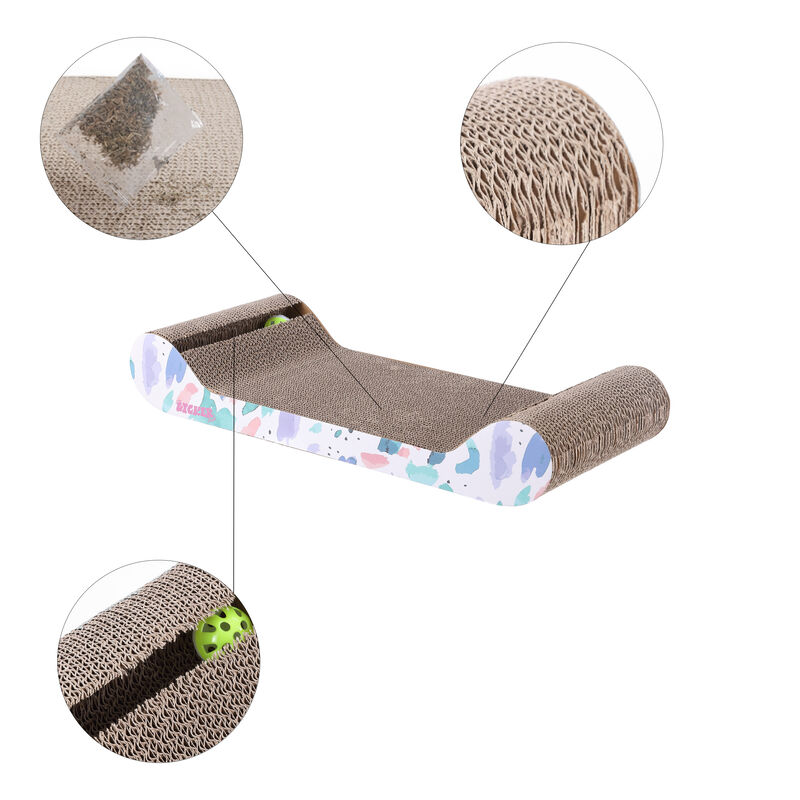 Rini Modern Cardboard Lounge Bed Cat Scratcher with Built-In Bell Toys and Catnip