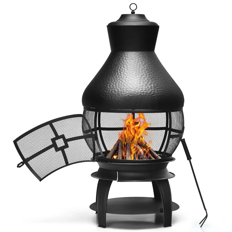 Mondawe 20" Black Cast Iron Chimenea Fireplace, Wood Burning, w/ Mesh Cover