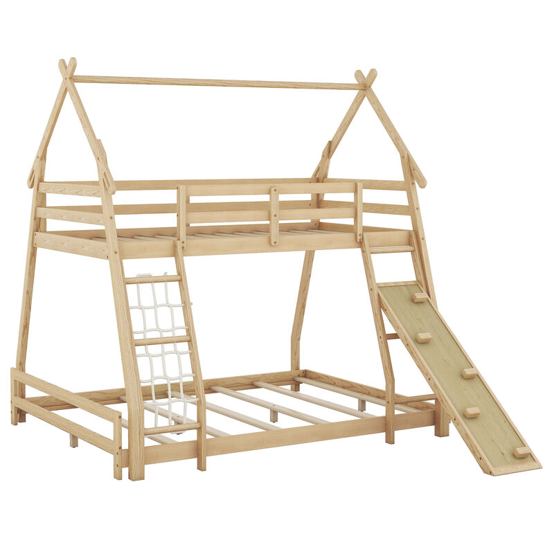 Whisen Twin over Queen House Bunk Bed with Climbing Nets and Climbing Ramp