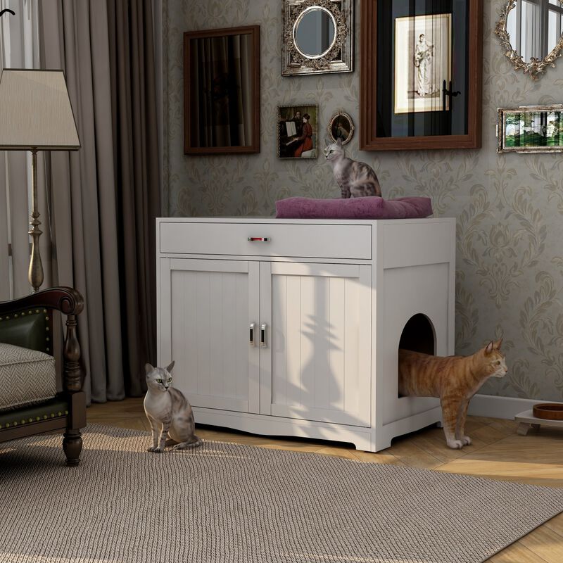 Litter Box Enclosure, Cat Litter Box Furniture with Hidden Plug, 2 Doors, Indoor Cat Washroom Storage Bench Side Table Cat House, Large Wooden Enclosed Litter Box House, White