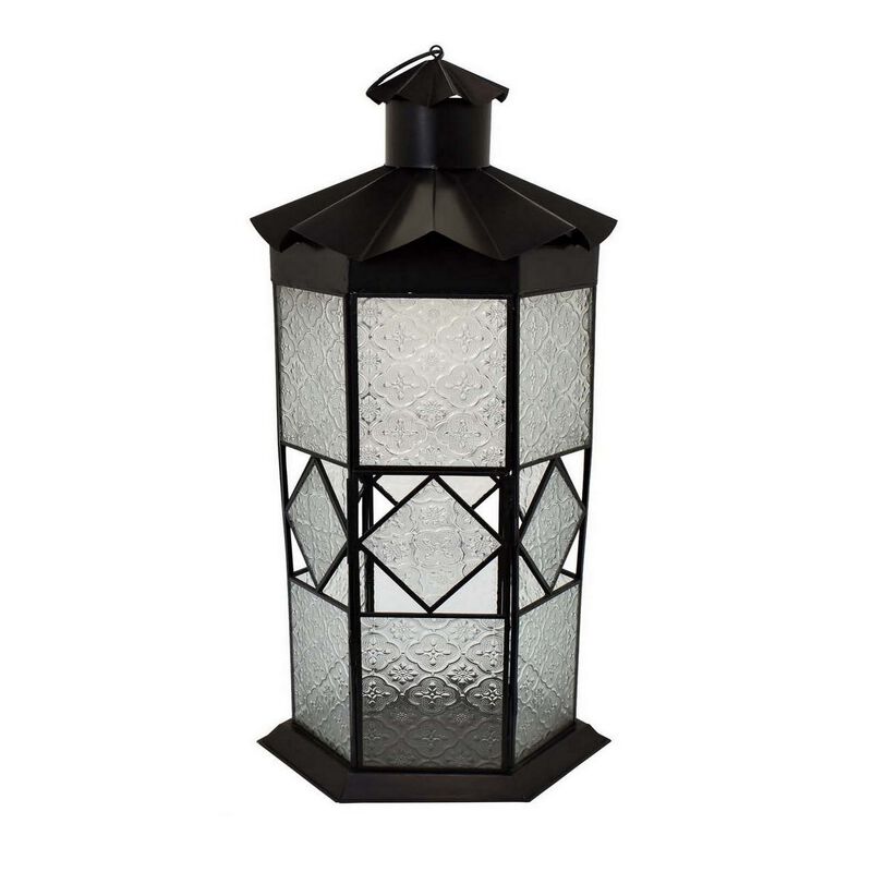 23 Inch Modern Decorative Lantern, Hexagonal Glass Case, Black Metal - Benzara