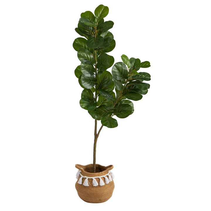 Nearly Natural 4.5-in Fiddle Leaf Fig Tree in Cotton Planter w/Tassels