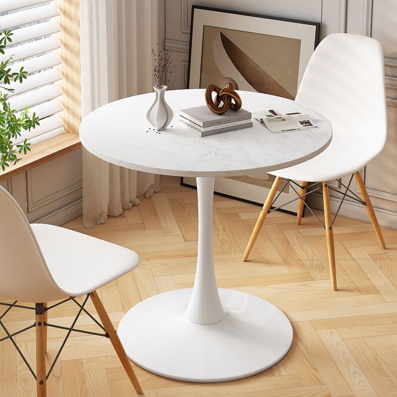 32" Modern Round Dining Table with Printed White Marble Tabletop, Metal Base Dining Table, End Table Leisure Coffee Table