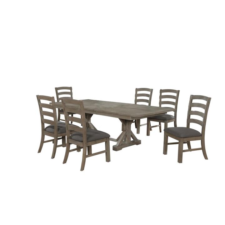 7 Piece Dining Set Extendable w/18"Center Leaf Extension & 6 Ladder-Back Chairs in Dark Grey Linen