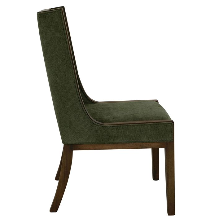 Okai Dining Chair Set of 2, Olive Green Polyester Wingback, Brown Wood - Benzara