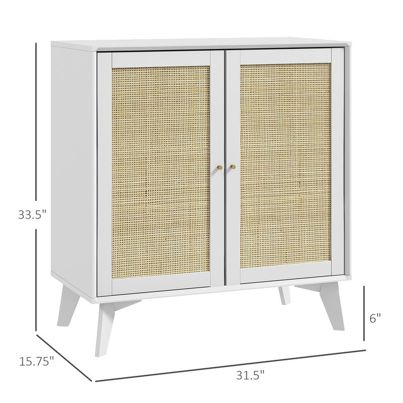 HOMCOM Boho Storage Cabinet, Kitchen Cabinet with 2 Rattan Doors and Adjustable Shelf for Living Room, Hallway, White