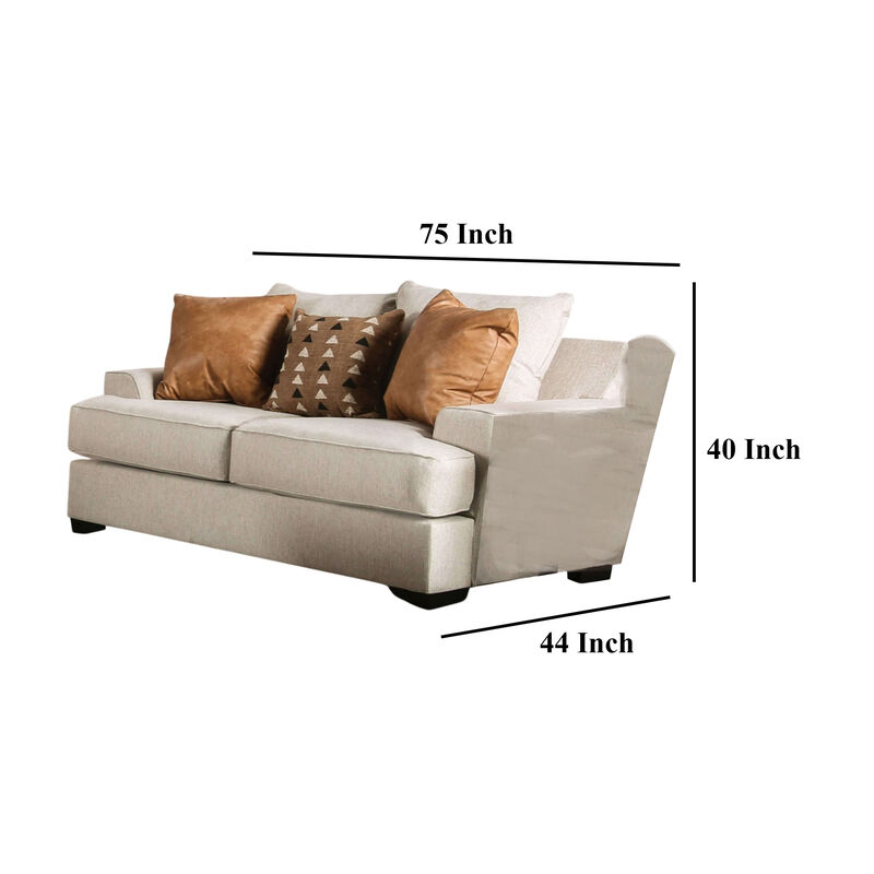 Adow Loveseat, 3 Accent PIllows, 75 Inch , Sand Caramel - Benzara image number 4