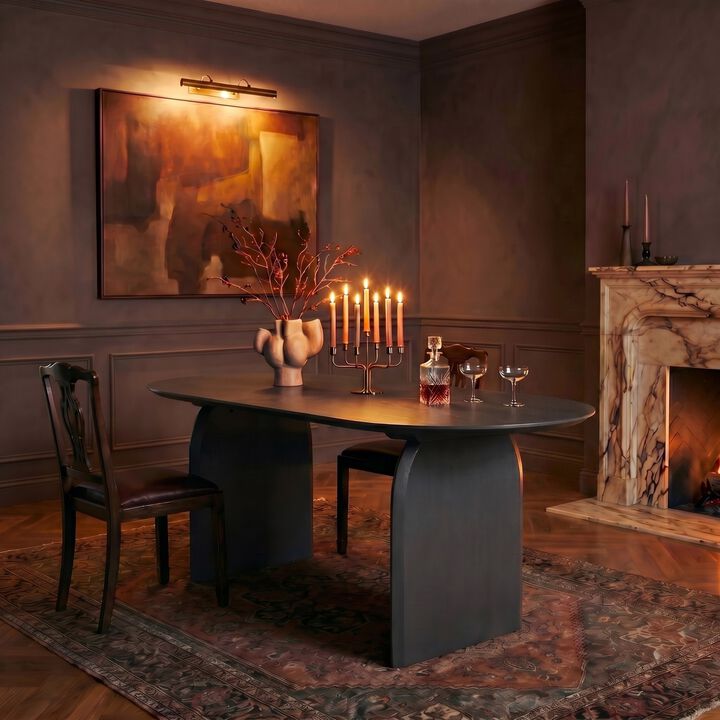 Pill-Shaped Acacia Wood Dining Table with Half-Moon Base in Black Finish