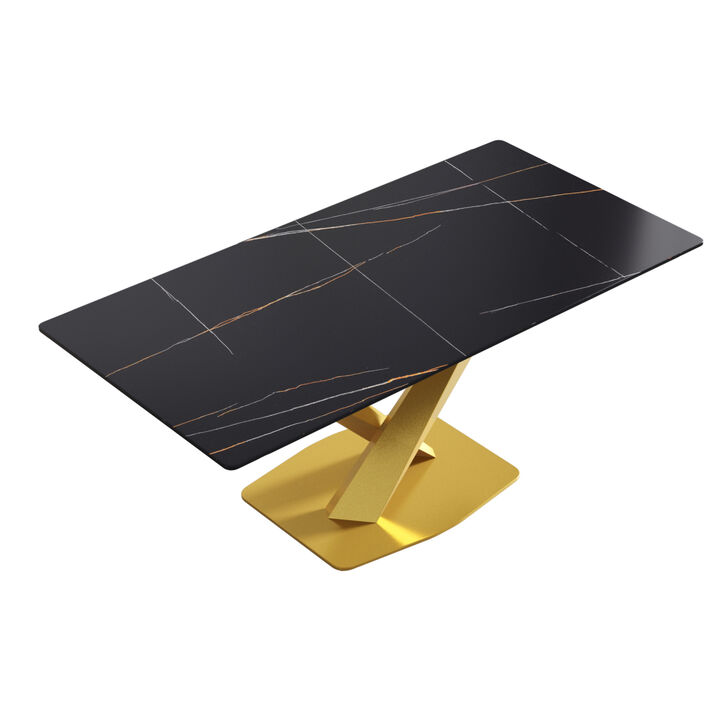 70.87" modern artificial stone black straight edge golden metal leg dining table-can accommodate 6-8 people