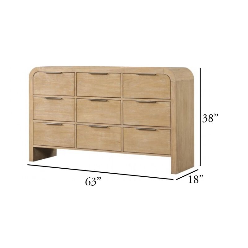 Rexa Wide Dresser, 9 Drawers, Natural Brown Wood, Metal Finger Pulls image number 5