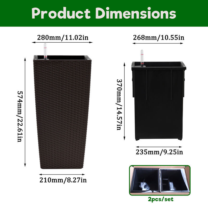 WOW PIONEER Pack of 2 Square 22-Inch High Faux Rattan Planters with Automatic Watering System for Porch, Patio, Backyard, Indoor and Outdoor Gardening Use image number 2