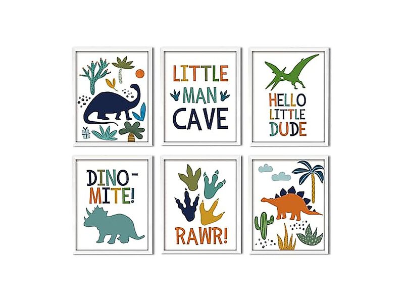 6 Pack Dinosaur Nursery Decor Framed Wall Art Boys Room Cute Baby Bedroom Kids image number 0