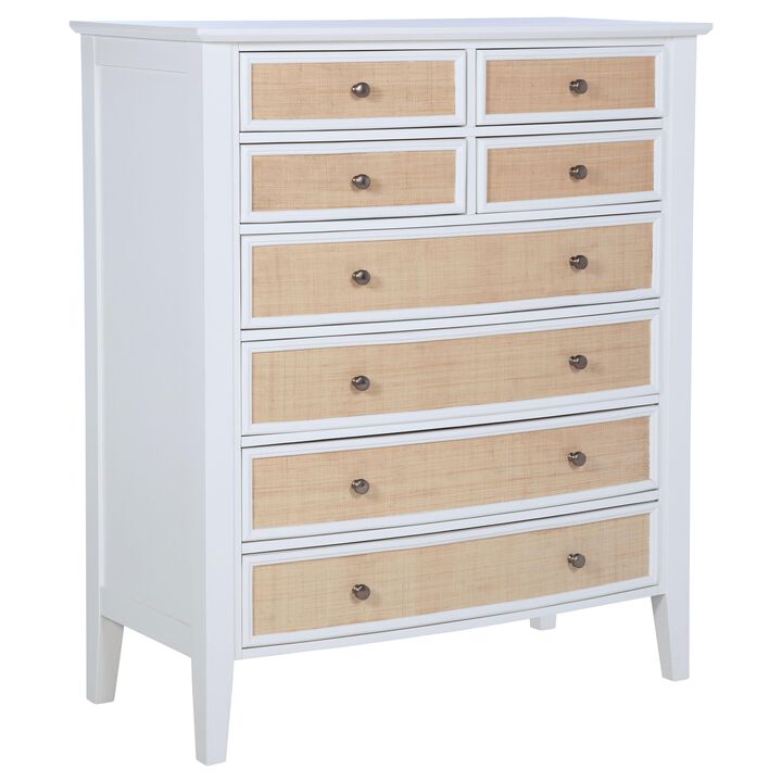 Heo Tall Dresser Chest, 8 Drawers, Rattan Woven Curved Front, White - Benzara