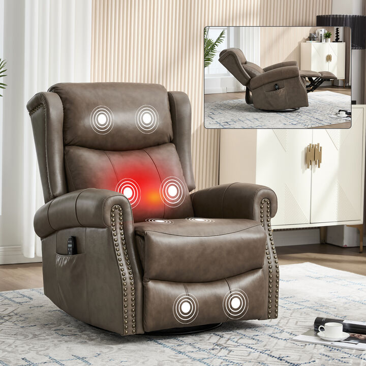 Heat Massage Manual Recliner Chair with Rocker and Swivel in Genuine leather