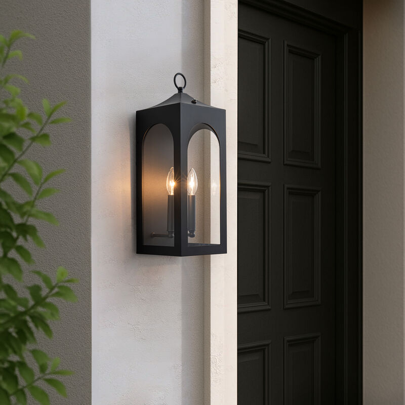 H20" 2-Lights Large Dusk to Dawn Outdoor Wall Lantern Unique/Statement Black Exterior Wall Sconce with Dual Candle Lights and Roof Top Design for Entryway Garage image number 2