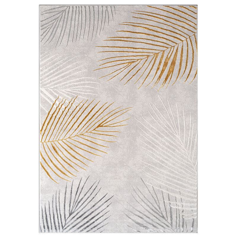 Modern Rug with Textured Palm Leaves in Cream Gold