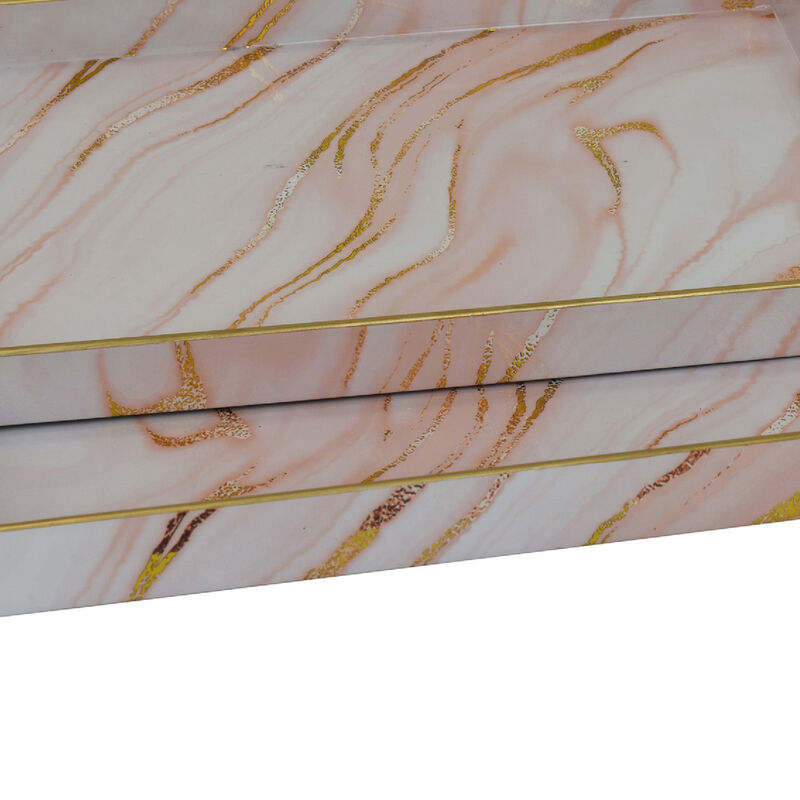 Hamza Rectangular Tray, Set of 2, Pink-Gold Marble Finish Polyurethane image number 6